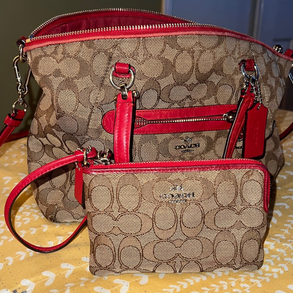 Coach Signature Canvas Shoulder Bag with Red Trim and Wristlet